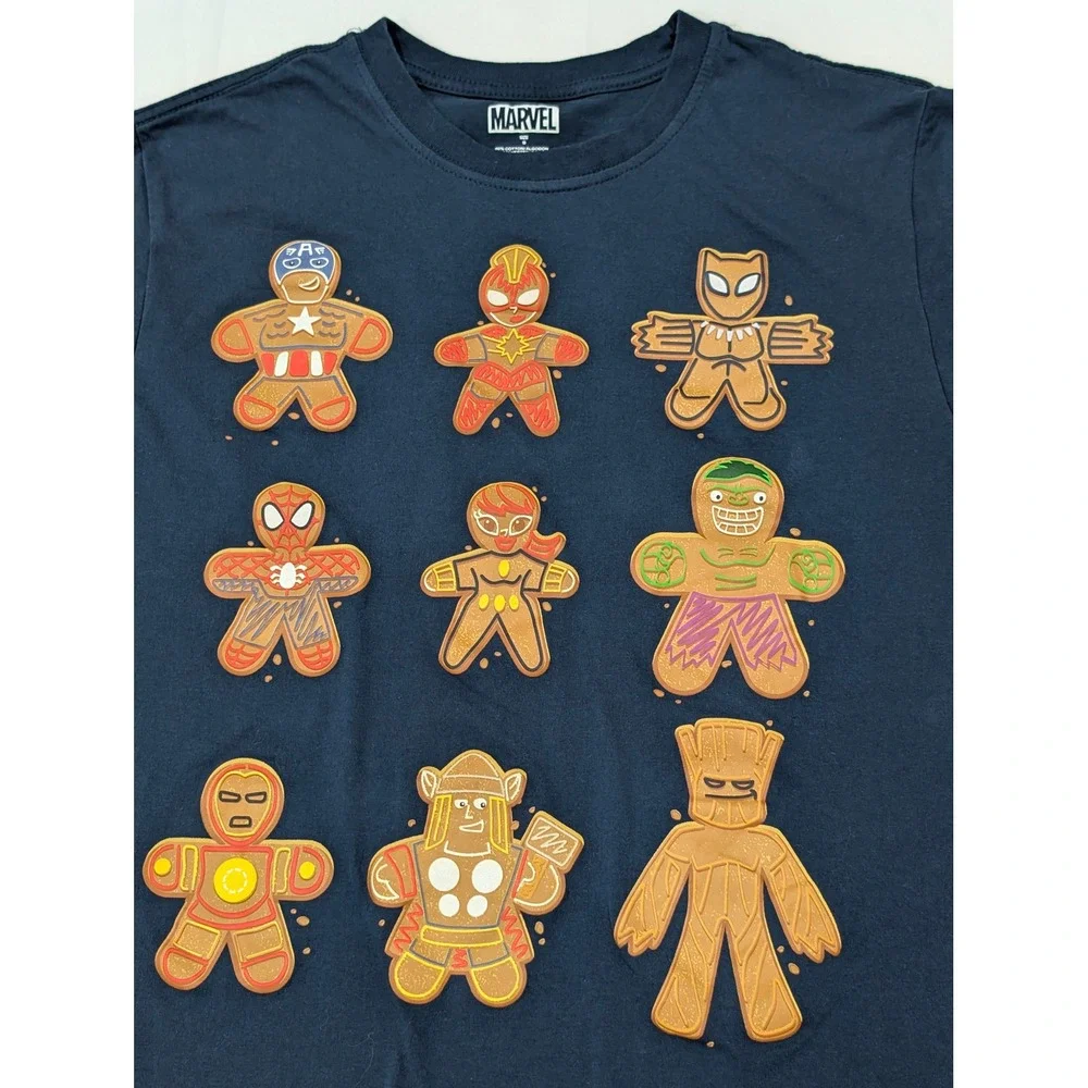 Marvel Gingerbread Men Heroes‎ Graphic T Shirt Navy Blue Size S